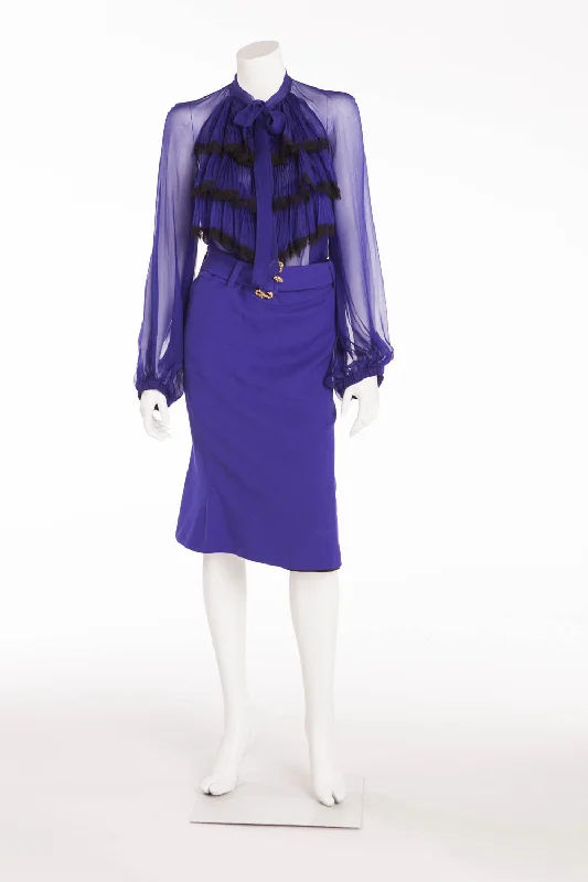 Relaxed Wear Trendy Comfy Outfits Roberto Cavalli - 2PC Royal Blue Sheer Blouse Top & Skirt - IT 40 Relaxed Wear Trendy Comfy Outfits Roberto Cavalli - 2PC Royal Blue Sheer Blouse Top & Skirt - IT 40