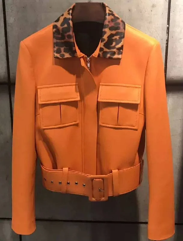 Cozy Fashion Warm Soft Clothing Sheepskin Leather Jacket With Leopard Collar