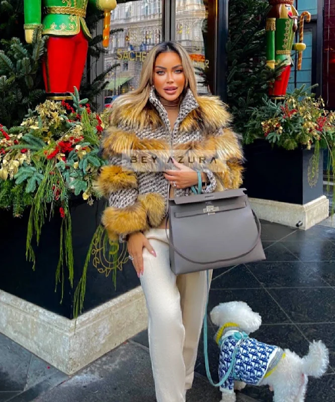 Fashion Comfort Comfortable Chic Fashion Multi Color Raccoon Fur Tweed Coat