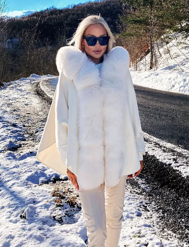 Layered Comfort Comfy Layering Trends Oversized Australian Wool Fox Fur Trim Poncho sun White Layered Comfort Comfy Layering Trends Oversized Australian Wool Fox Fur Trim Poncho sun White