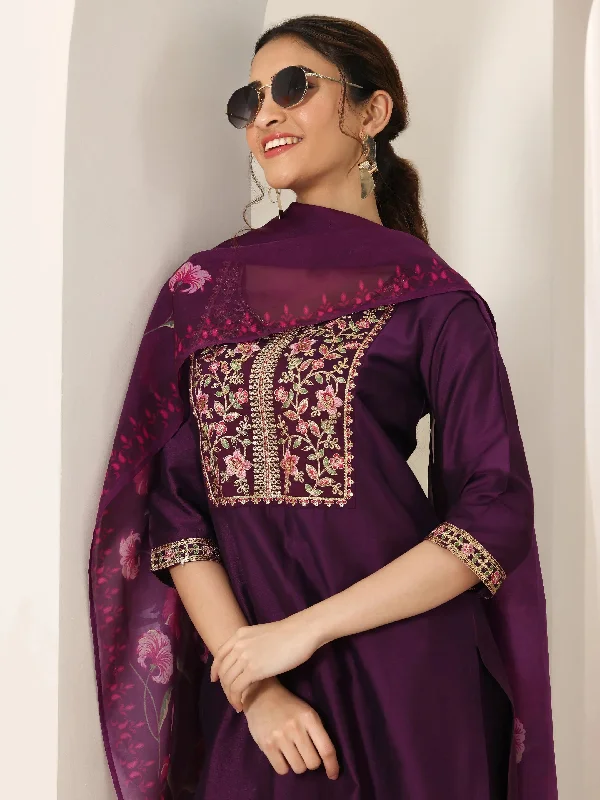 Luxe Comfort Chic and Comfortable Pieces Burgundy Yoke Design Silk Blend Straight Suit Set With Dupatta