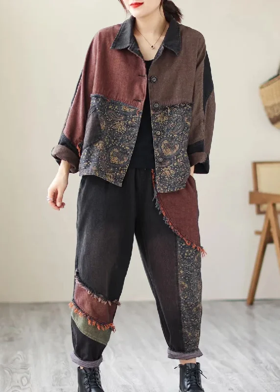 Simple Elegance Comfortable Fashionwear Black Print Patchwork Coats And Pants Denim Two Piece Suit Set Fall
