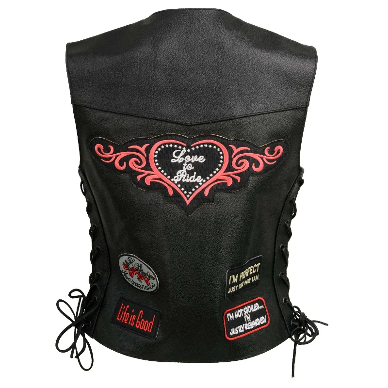 Trendy Dresses Soft Chic Apparel Event Leather ELL4900 Women’s 'Love to Ride' Black Leather Motorcycle Patched Embroidered Vests with Side Laces