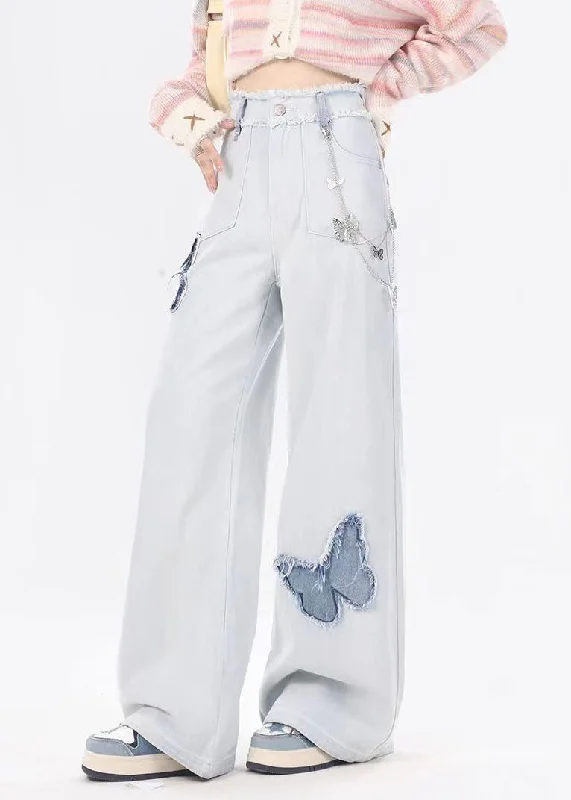 Comfortable Dresses Trendy Warm Layered Pieces American Style Light Blue Pockets Butterfly Patch Denim Pants Spring