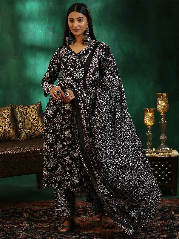 All-Day Wear Practical Soft Fit Black Printed Cotton Straight Suit With Dupatta