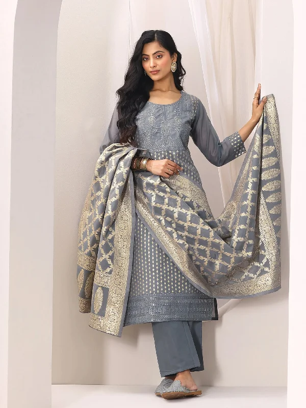 Luxe Comfort Cozy Everyday Layers Grey Woven Design Chanderi Silk Straight Suit Set With Dupatta