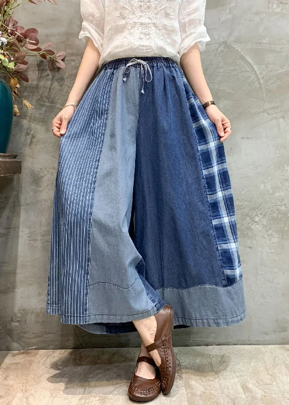 Weekend Wear Comfortable Wardrobe Pieces Blue Plaid Elastic Waist Patchwork Denim Loose Pants Pockets