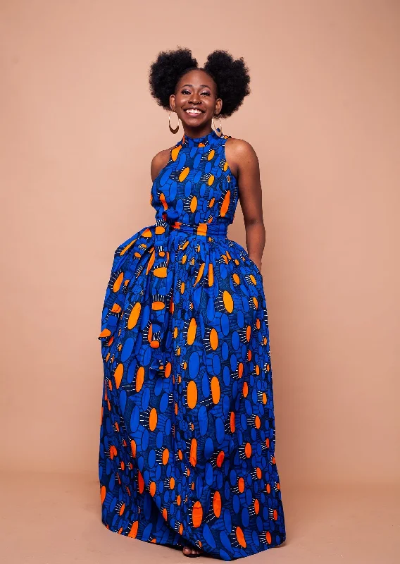 Comfy Chic Trendy Soft Fit Aubrie Ankara Maxi Dress | Blue and Orange African Print