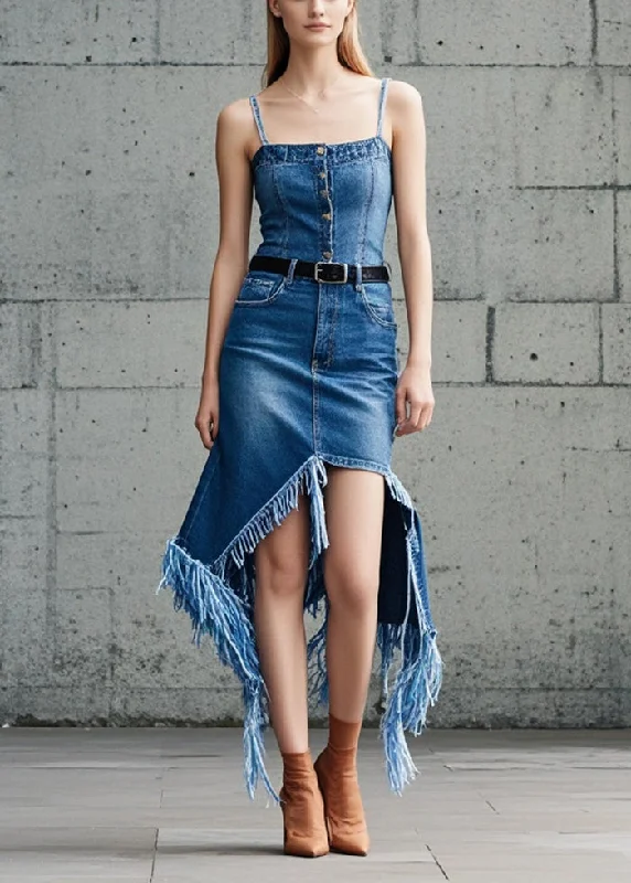 Sporty Elegance Simple Chic Options Classy Blue Asymmetrical Denim Tasseled Denim Spaghetti Strap Dress Summer