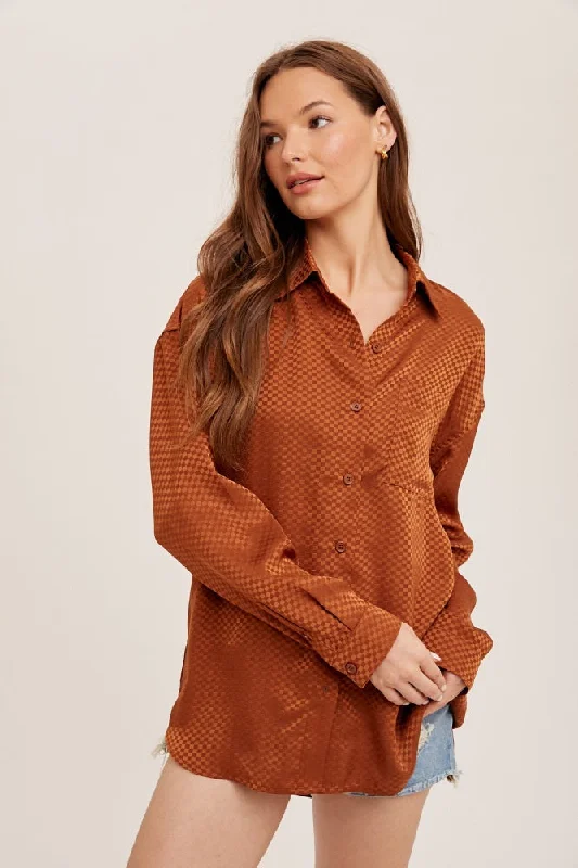 Soft Touch Cozy and Relaxed Wear Rust Satin Checkered Print Blouse