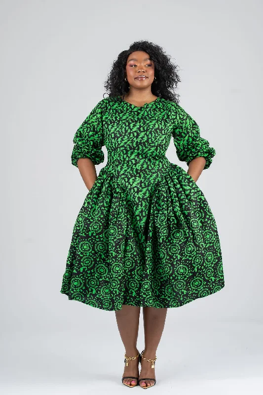 Warm Layers Comfortable Chic Wearables Lola Ankara Midi Dress | Green African Print