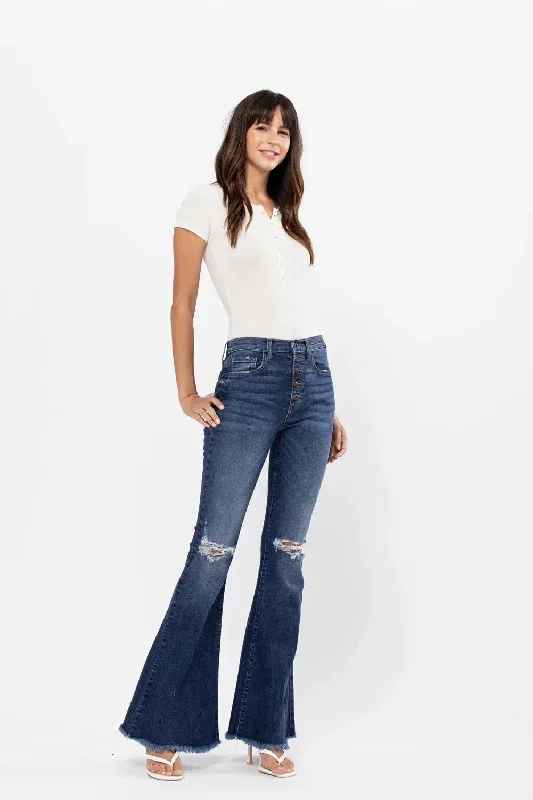 Casual Chic Wear Casual Soft Fit High Rise Distressed Button-Fly Flare Jeans