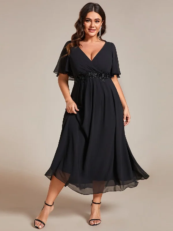 Comfortable Sweaters Comfortable Everyday Pieces Plus Size Elegant Short Sleeves V-Neck Floral Applique Wedding Guest Dress