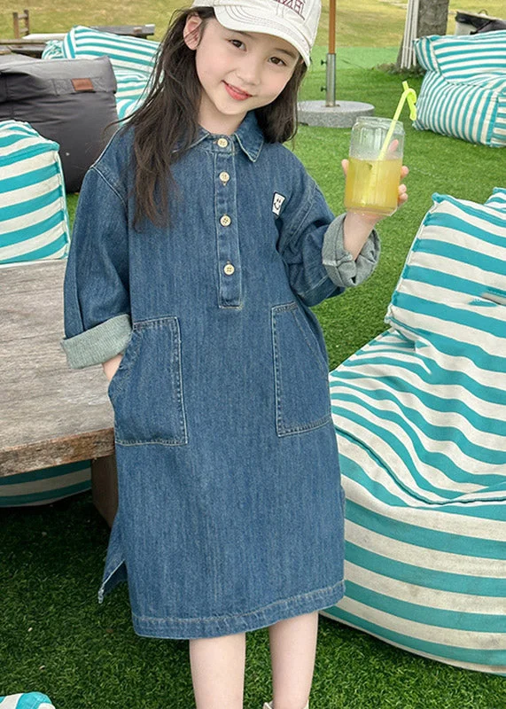 Lounge Chic Relaxed Soft Fashion Handmade Denim Blue Peter Pan Collar Patchwork Button Kids Long Dress Spring