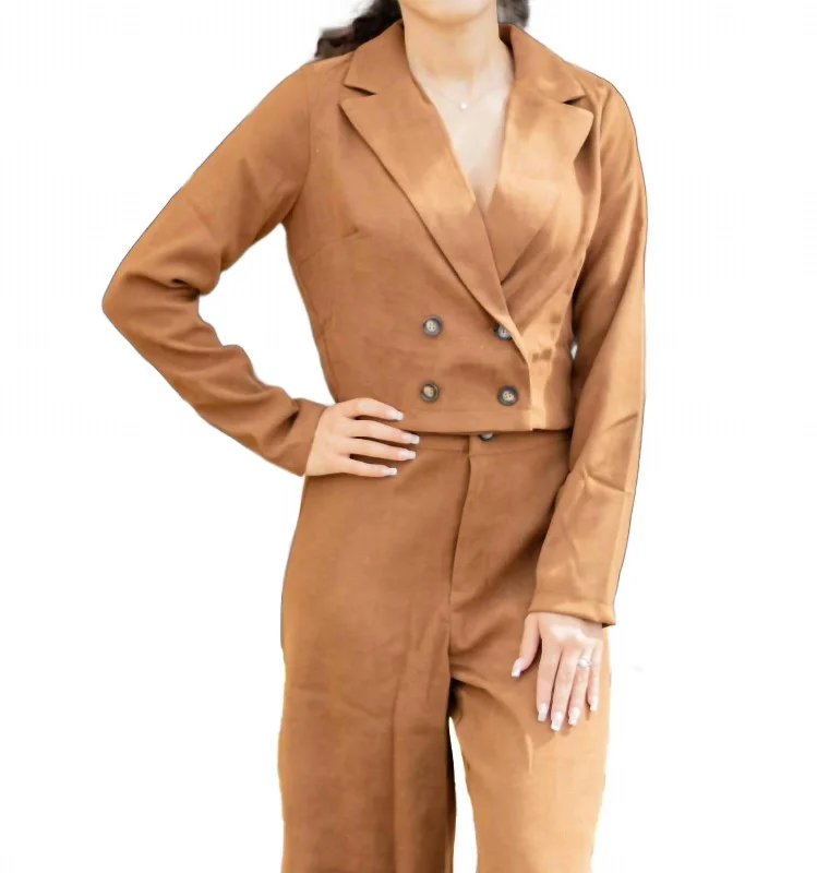 Smart Casuals Warm Soft Clothing Cropped Blazer And Pants Two-Piece Set In Brown