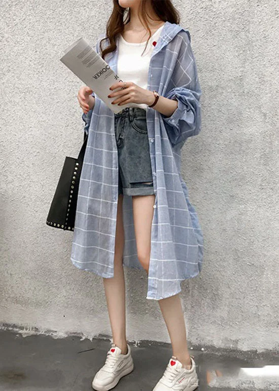 Comfortable Fashion Looks Street Fashion Comfort Classy Blue Hooded Plaid Cotton Trench Spring