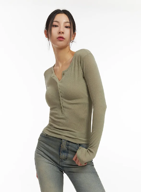 Cozy Fit Wear Comfy Layering Trends Buttoned Slim-Fit Long Sleeve Top IJ503