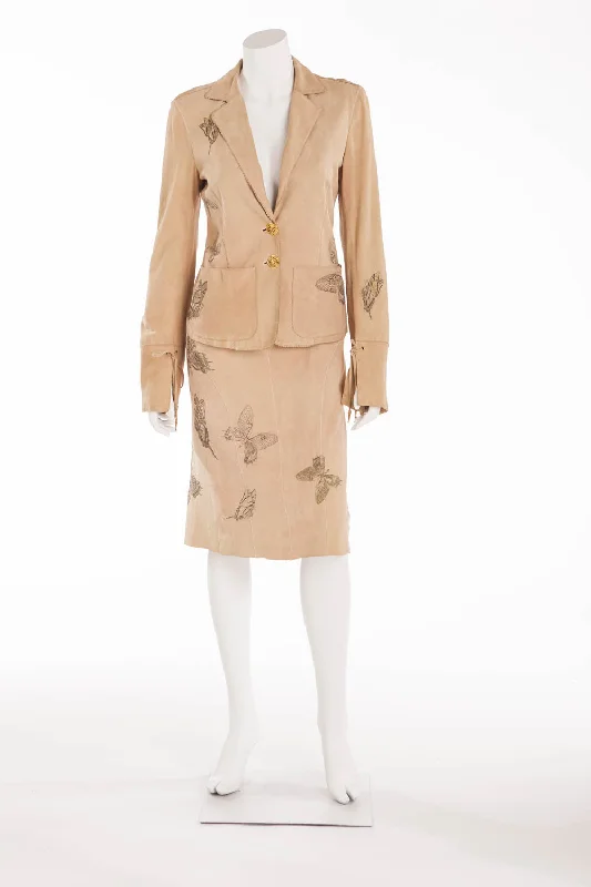 Fresh Comfort Cozy Fashion Pieces Roberto Cavalli - 2PC Tan Suede Butterfly Skirt and Jacket - S