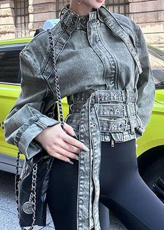 Warm Layers Trendy Streetwear Outfits Chic Blue Stand Collar Asymmetrical Patchwork Denim Coat Spring