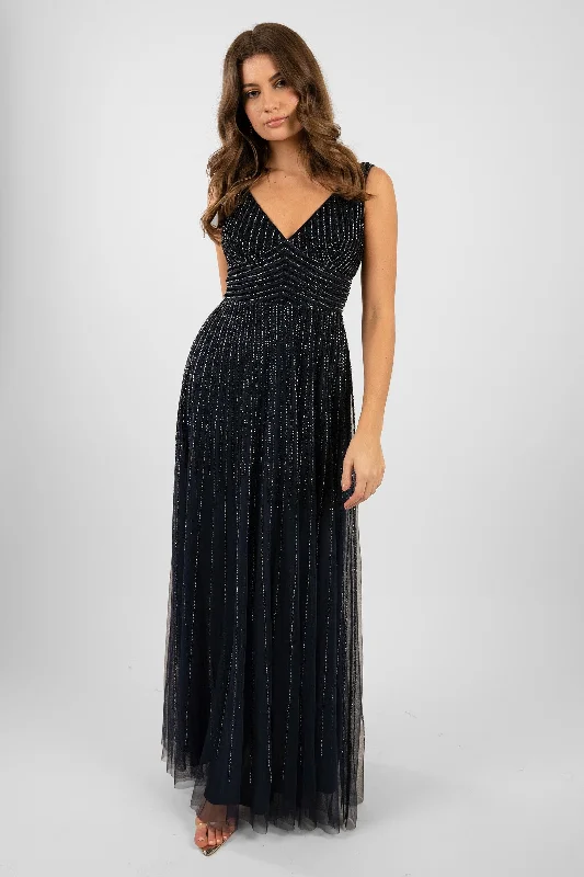 Timeless Style Effortless Cozy Wear Lorelai Navy Blue Embellished Maxi Dress