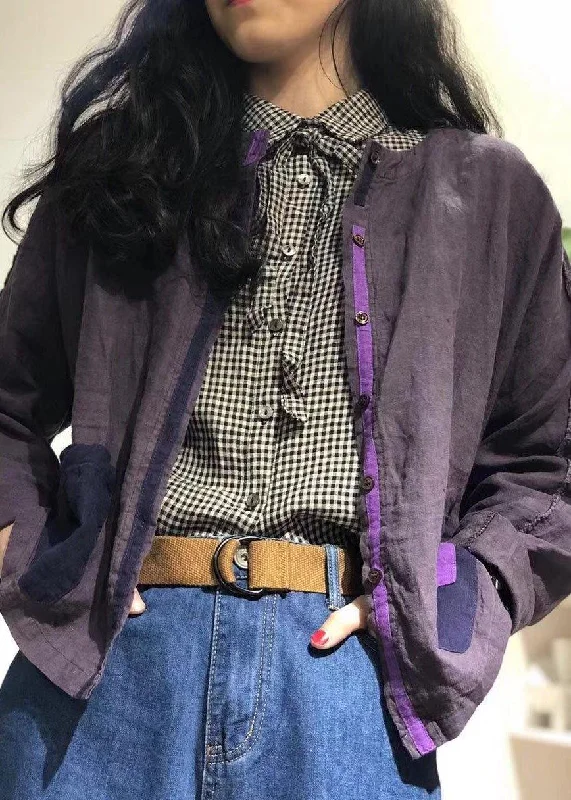 Comfortable Sweaters Trendy Casual Comfort Organic purple o neck linen tunics for women Patch pockets baggy fall shirt