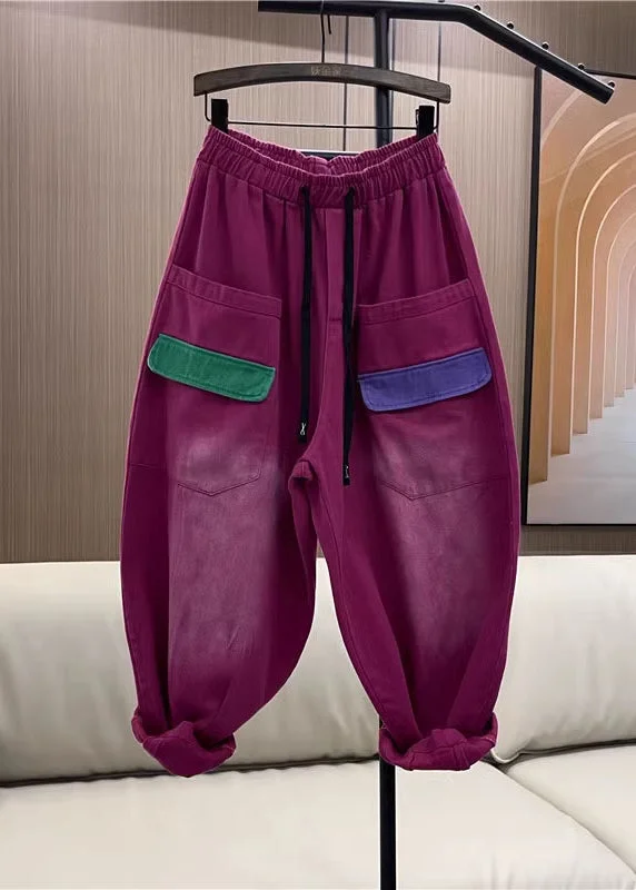 Warm Layers Comfortable Layered Looks Casual Rose Purple Pockets Elastic Waist Denim Harem Pants Fall