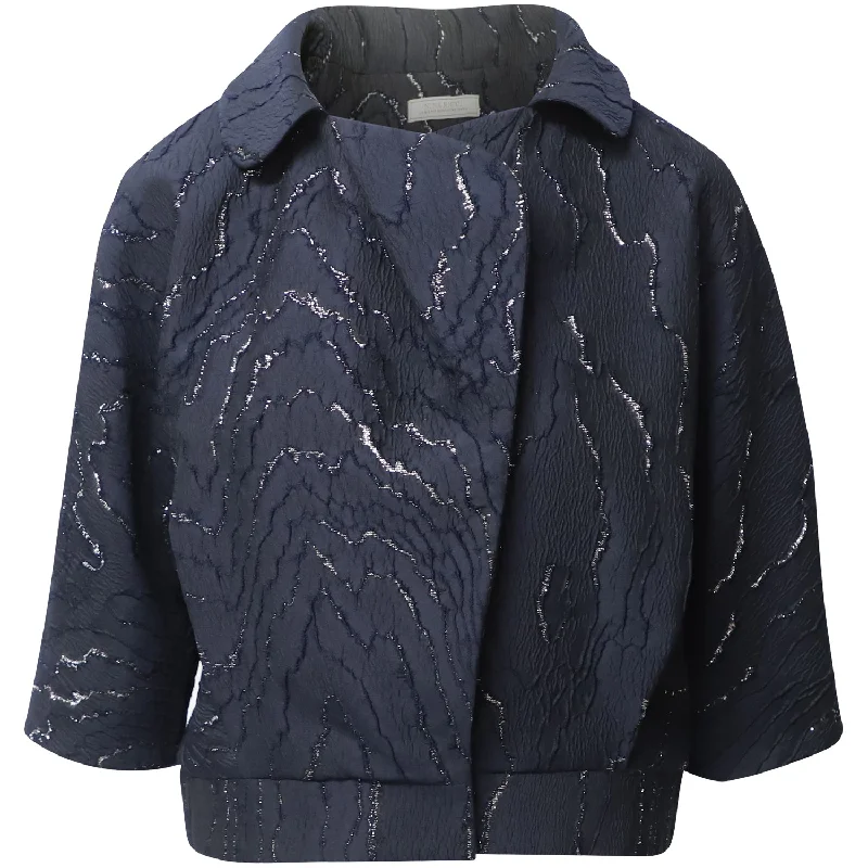 Soft Wear Cozy Everyday Wear Nina Ricci Jacquard Bolero Jacket in Navy Blue Cotton