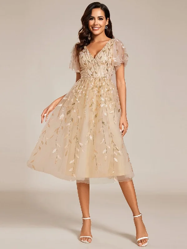 Basic Comfort Cozy and Relaxed Wear Gentle Coco | Short Sleeves Leaf Sequin A-Line Midi Formal Wedding Guest Dress
