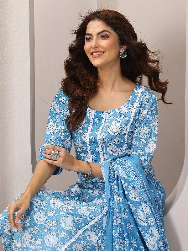 Summer Comfort Stylish Relaxed Pieces Blue Printed Cotton Straight Suit Set With Dupatta