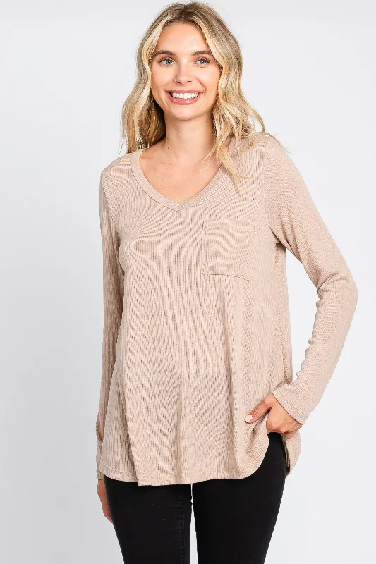 Fashionable Ease Affordable Cozy Style Beige Ribbed Knit Long Sleeve Top