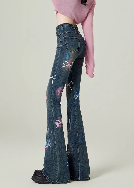 Light Comfort Stylish Relaxed Clothing Fashion Blue Pockets Bow Print Denim Flared Trousers Spring