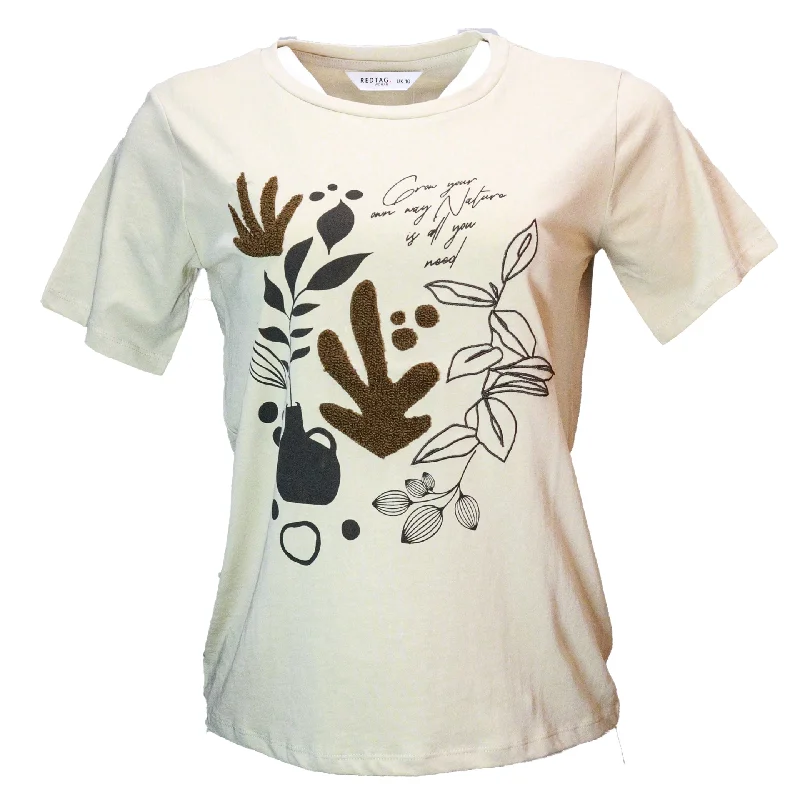 Light Fit Simple Cozy Pieces Beige Floral Toweling Emebellished T Shirt