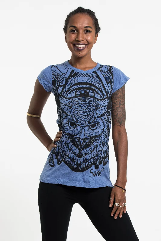 Soft Feel Comfortable Trend Wear Womens All Seeing Owl T-Shirt in Blue