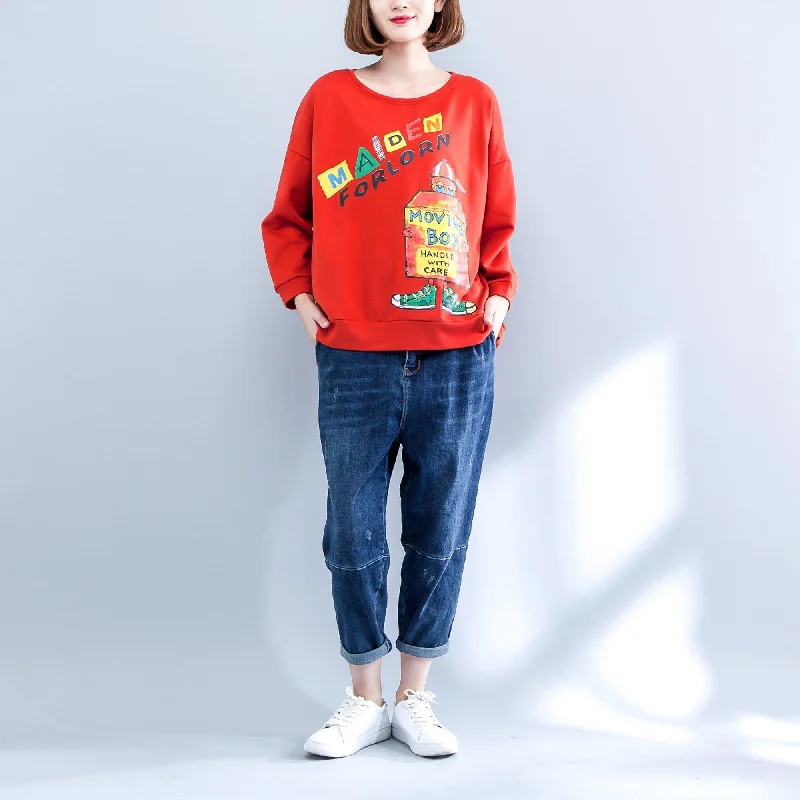 Timeless Style Relaxed Street Fashion orange casual cotton tops loose prints long sleeve t shirt