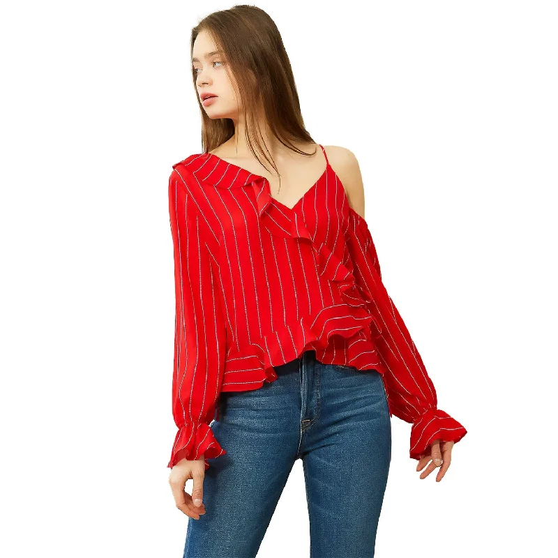 Basic Comfort Soft Wear Pieces Women's Asymmetrical Shoulder Ruffle Blouse in Red