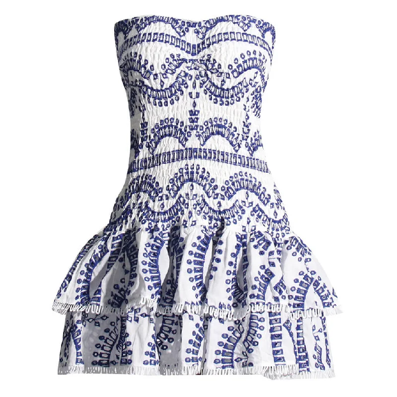 Breathable Style Practical Warm Clothing Boho Strapless Smocked Broderie Anglaise Tiered Ruffled Vacation Mini Dress
