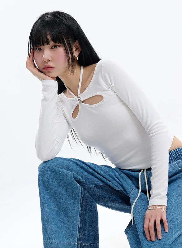 Basic Comfort Soft Wear Fit Halter Cut Out Crop Long Sleeve IF413