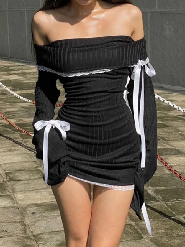 Basic Comfort Comfy Warm Fashion Off Shoulder Lace Splice Tie Up Long Sleeve Mini Dress