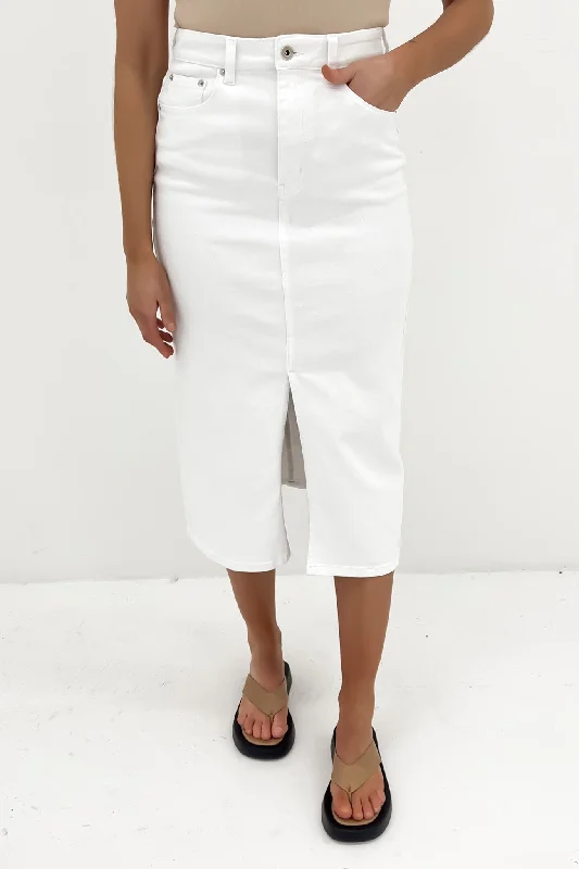 Easygoing Fashion Simple Comfort Trends Alivia Denim Midi Skirt White