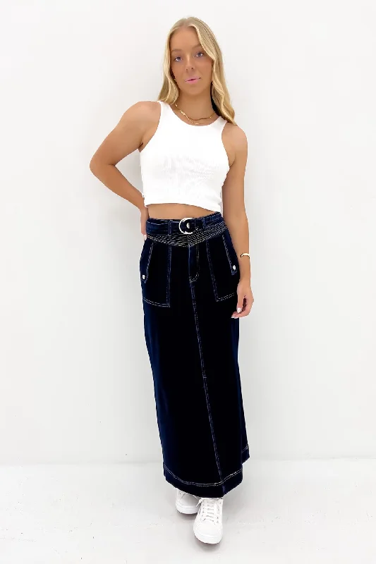 Trendy Dresses Trendy Soft Fit Sonya Denim Midi Skirt Dark Blue
