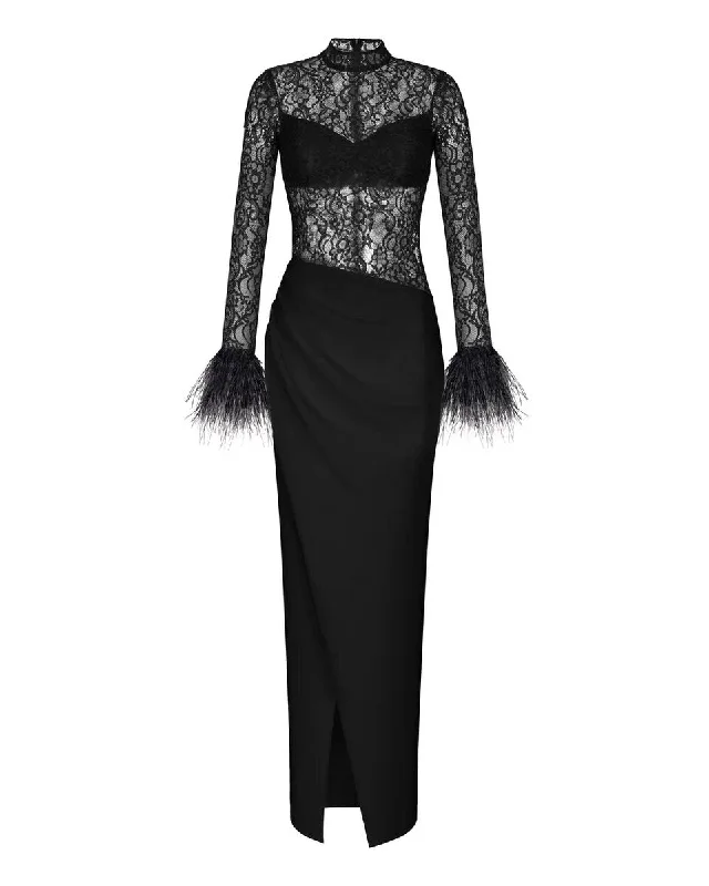 Easy Style Trendy Soft Pieces Draped crepe and lace maxi dress with fringe