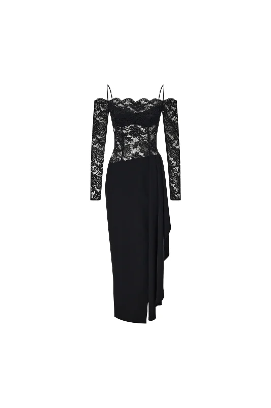 Urban Comfort Cozy Fashion Pieces Draped crepe and lace off-the-shoulder long midi dress