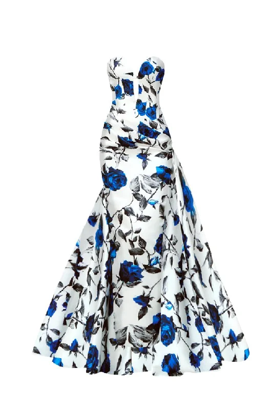 Everyday Style Comfy Warm Fashion Draped printed satin gown with a side train