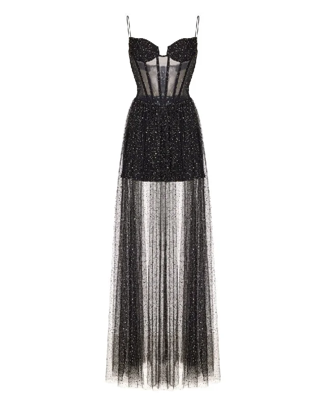 Relaxed Chic Trendy Soft Fit Draped rhinestone tulle corset maxi dress with voluminous skirt