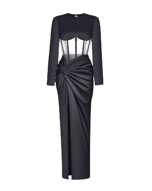 Weekend Comfort Cozy Clothing Choices Draped satin corset dress with long sleeves