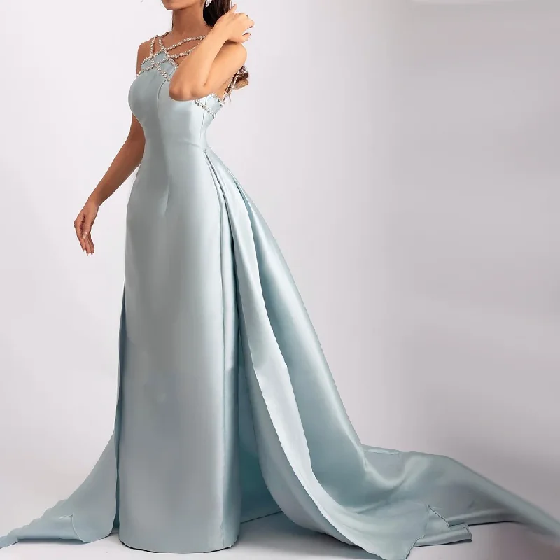 Easygoing Style Soft Wearable Comfort Elegant Light Blue Satin Evening Dress with Overskirt SF048
