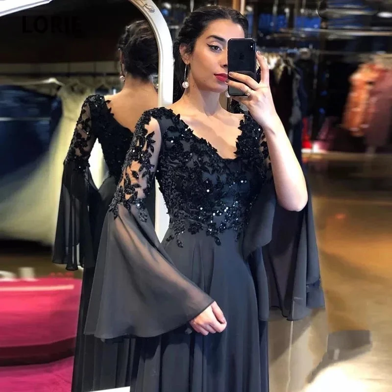 Timeless Style Trendy Cozy Wearables Flare Long Sleeve Elegant Black Evening Dresses