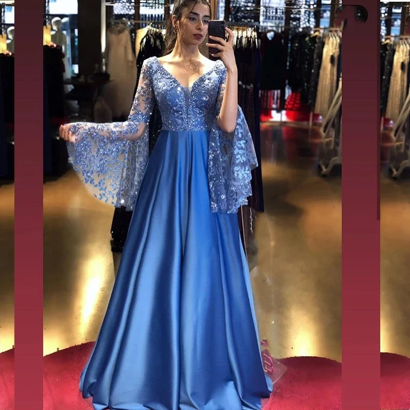 Easy-to-Wear Effortless Street Chic Long Flare Sleeve A-Line Satin Evening Dress