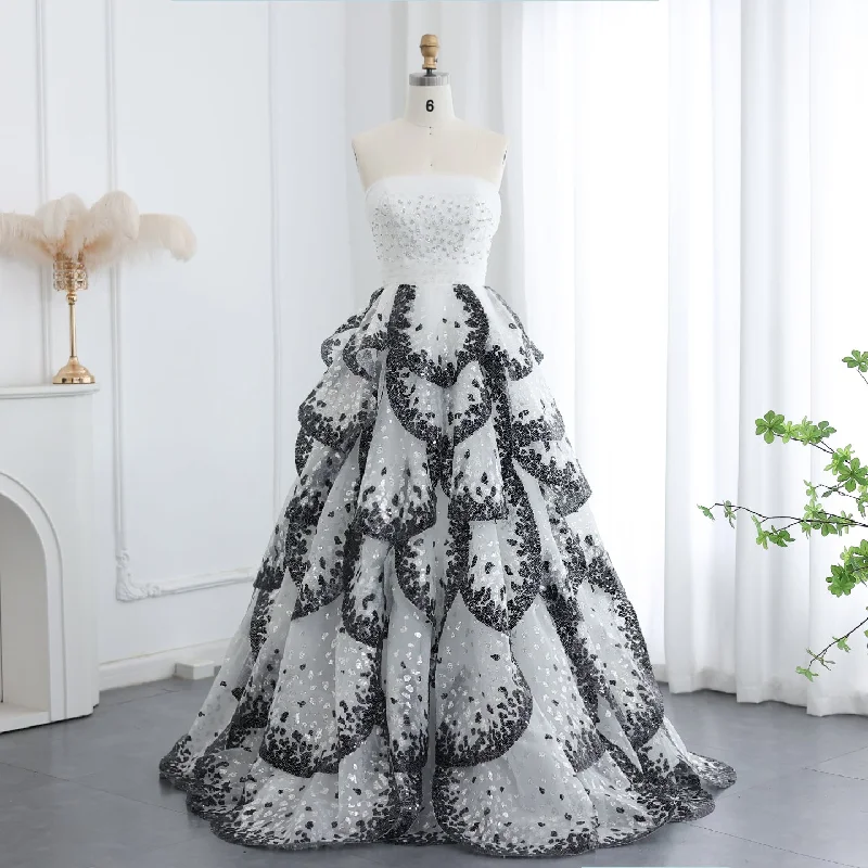 Comfortable Fashion Casual Soft Fit Luxury Black and White Ruffles Strapless Evening Dress SS290