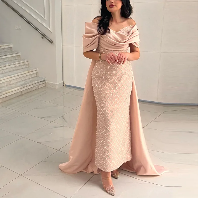 Soft Comfort Trendy Street Comfort Wear Luxury Off Shoulder Pink Evening Dress with Cape SS139